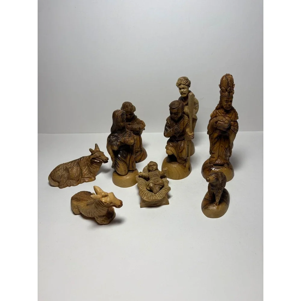 Vintage Hand Carved Olive Wood Nativity 10 Piece Set Christmas Creche Figures